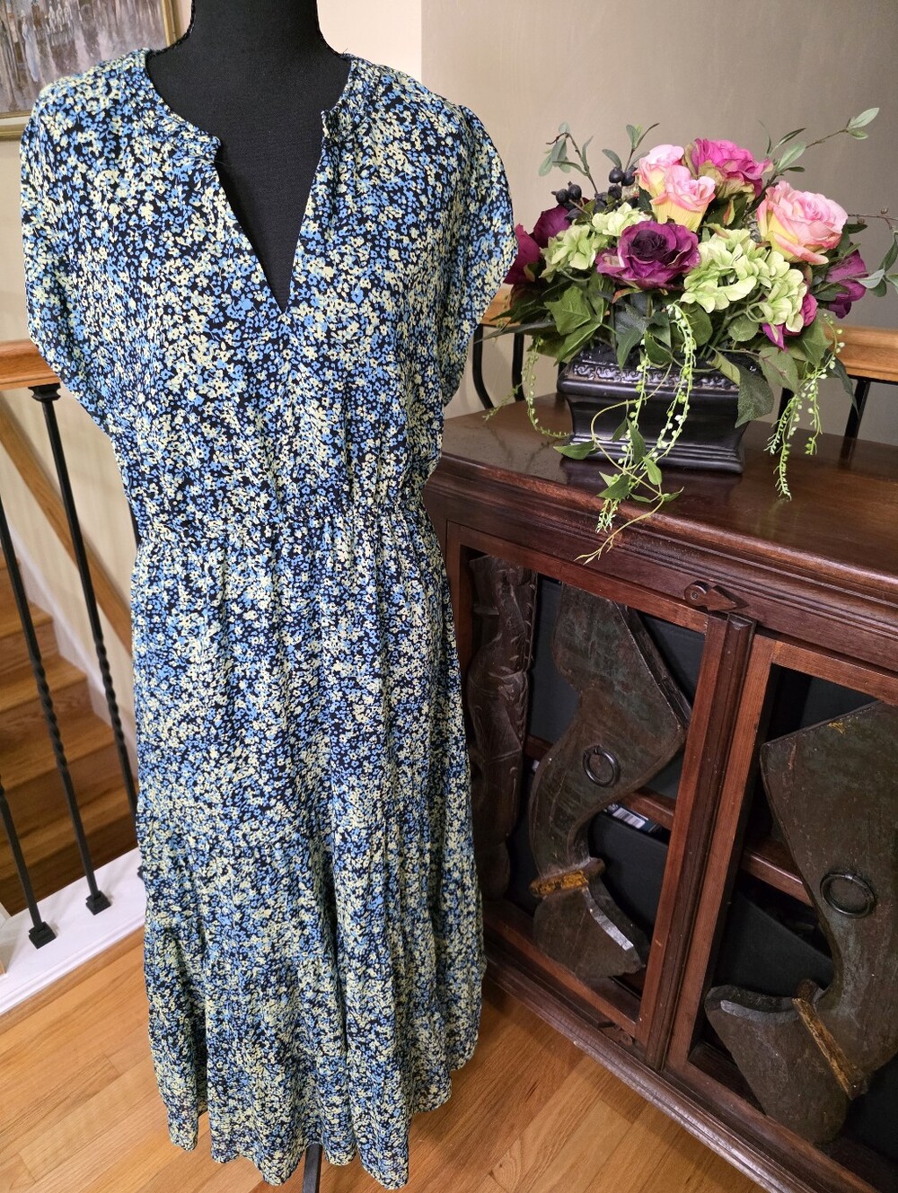 LOFT Summer Teacher‎ Navy Floral Drawstring Waist Mini Dress Size M